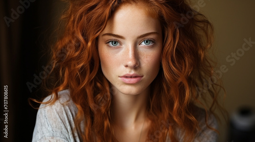 Portrait of beautiful redhead girl with very white skin with freckles and blue eyes looking at the camera. Beautiful young woman in light gray t-shirt. Concept of natural beauty  feminine aesthetics .