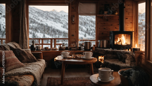 A cozy house in the snow-covered mountains, with a crackling fireplace and a cup of hot cocoa. generative AI