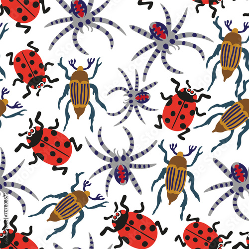 seamless pattern with bugs and spider in vector . Template for design, print, background, packaging, book, wrapping paper, fabric. © Anna