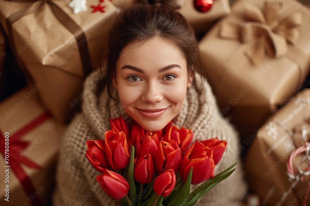 happy woman holding a bunch of bright red tulips surrounded by festively wrapped gifts happy woman holding a bunch of bright red tulips surrounded by festively wrapped gifts