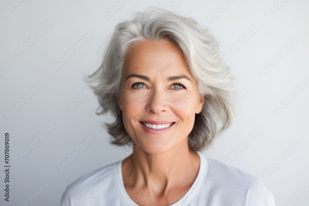 Closeup portrait of smiling senior woman looking at camera isolated on grey background