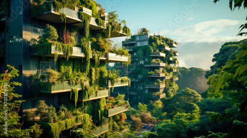 Post apocalyptic city with overgrown multistorey buildings. photo