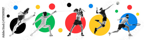 Collage made of different sportsmen of various sports in motion during game over white background with colorful elements. Concept of sport, tournament, competition, game. Banner for sport events photo