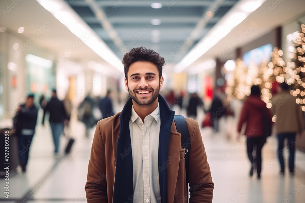 A happy young man is shopping at the mall. Sale and big discounts on Black Friday. The guy in the hallway of the center store is smiling, a close-up portrait. A happy young man is shopping at the mall. Sale and big discounts on Black Friday. The guy in the hallway of the center store is smiling, a close-up portrait.