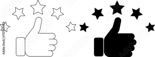 thumb up with five stars costumer product rating