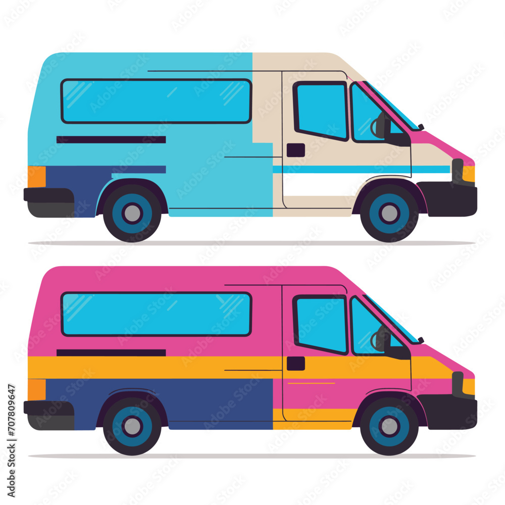 Two colorful vans are depicted in a flat vector illustration style, side view. Two colorful vans are depicted in a flat vector illustration style, side view.
