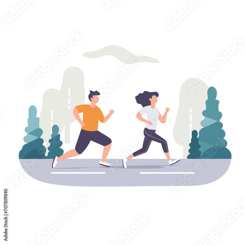 Man and woman running together outdoors, sporty couple jogging in park. Active lifestyle and fitness routine vector illustration.