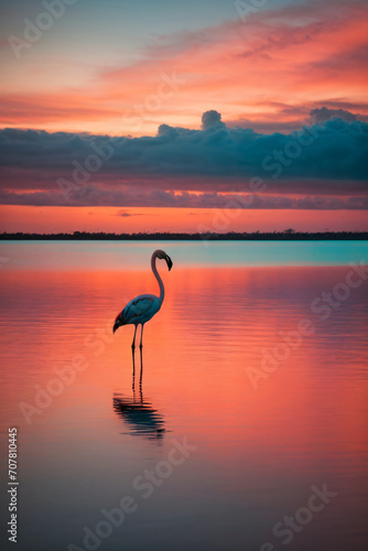 Solitary Flamingo at Sunset: Tranquil Lake Reflection 4k ai generated © Rohit