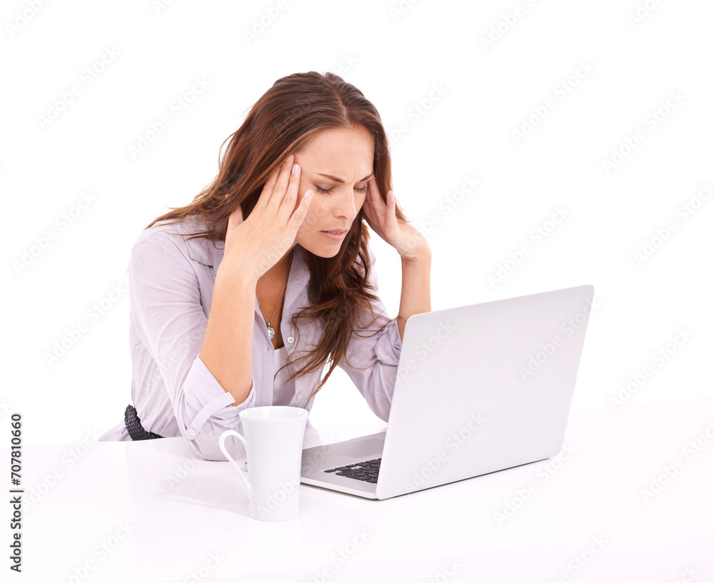 Woman in studio with headache, laptop glitch and burnout, technology fail on white background. Stress, frustrated and mistake online with migraine, 404 on internet with business website crisis Woman in studio with headache, laptop glitch and burnout, technology fail on white background. Stress, frustrated and mistake online with migraine, 404 on internet with business website crisis