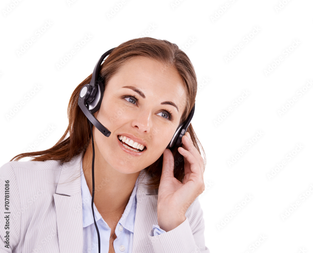 Woman, callcenter and headset for phone call with communication, telecom and CRM on white background. Customer service, telemarketing and help desk agent in studio with contact us and tech support Woman, callcenter and headset for phone call with communication, telecom and CRM on white background. Customer service, telemarketing and help desk agent in studio with contact us and tech support