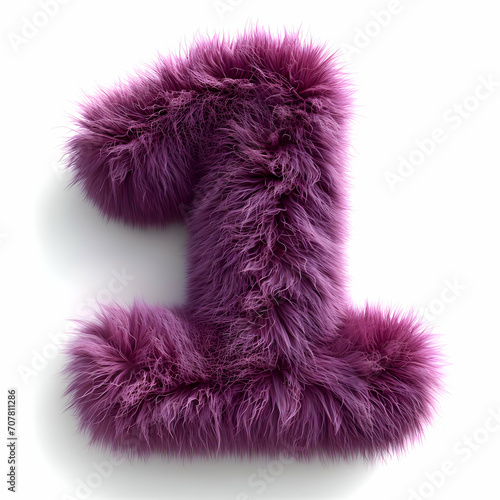 Cute dark purple number one 1 as fur with short hair isolated on a white background. High-resolution