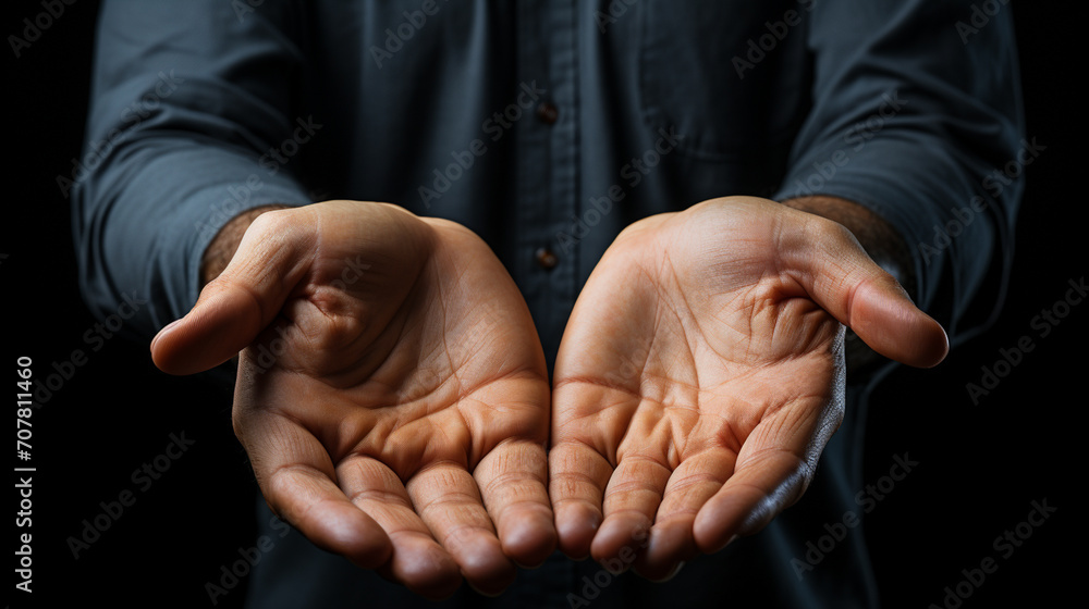 Close-up of outstretched hands of man in shirt on black background