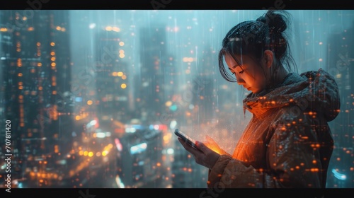 Young business woman working alone in dark office with panoramic windows and skyscraper building and city view.Generative AI