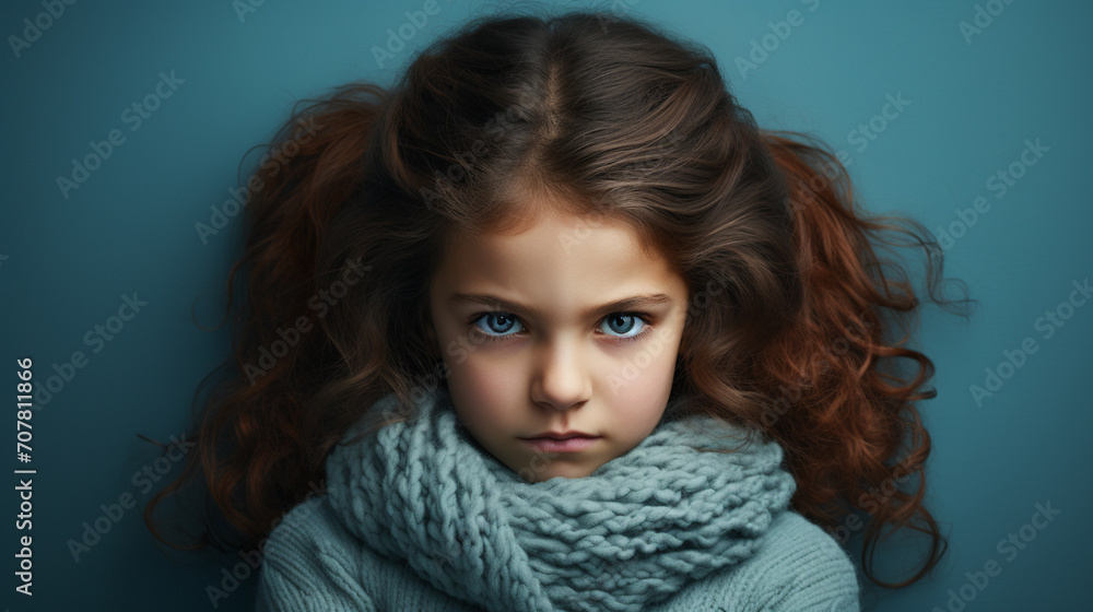 Portrait of an angry, sad little girl on a blue background Portrait of an angry, sad little girl on a blue background