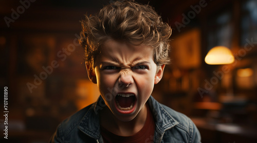 Angry irritated boy. Full of rage. Emotional portrait of an upset preteen boy screaming in anger. photo