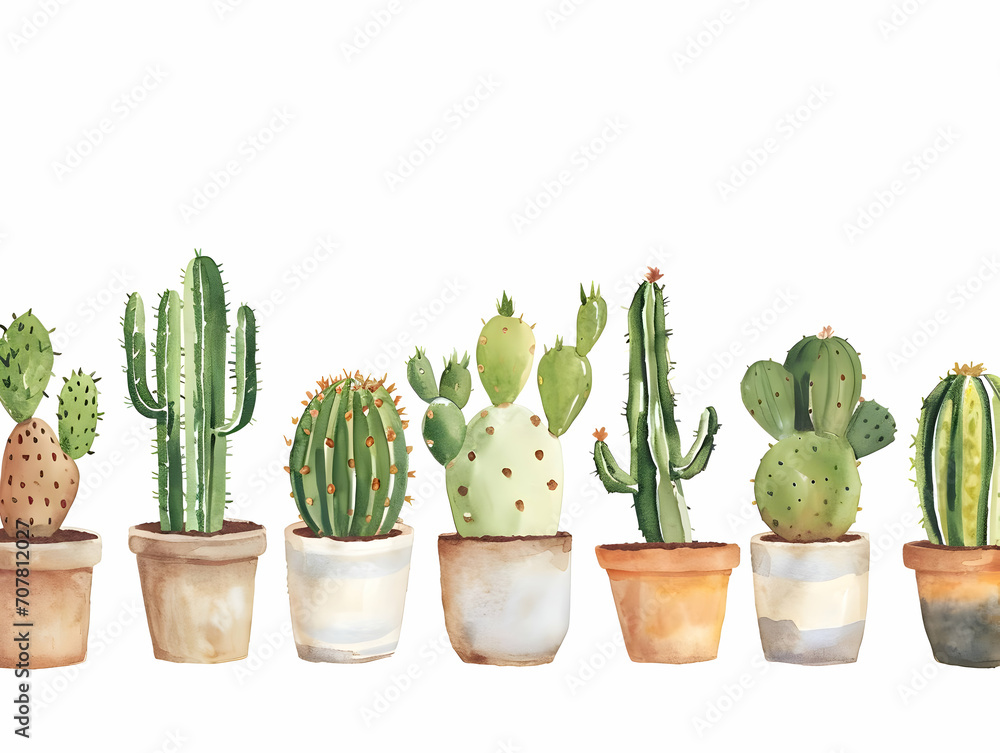 Watercolor row of small cute cacti in pots on a white background. High quality Watercolor row of small cute cacti in pots on a white background. High quality