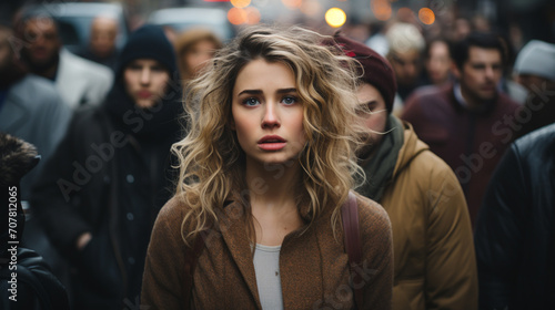 Portrait of sad woman in autumn clothes in crowd