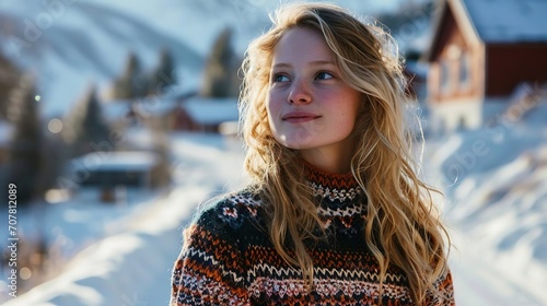 Cute Norwegian girl with blonde hair and wearing a Christmas sweater. Created with Generative Ai technology.