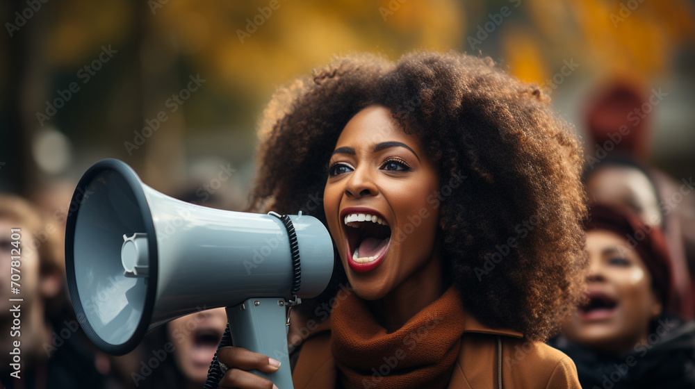 African girl with curly hair speaking on loudspeaker during protest - obrazy, fototapety, plakaty 