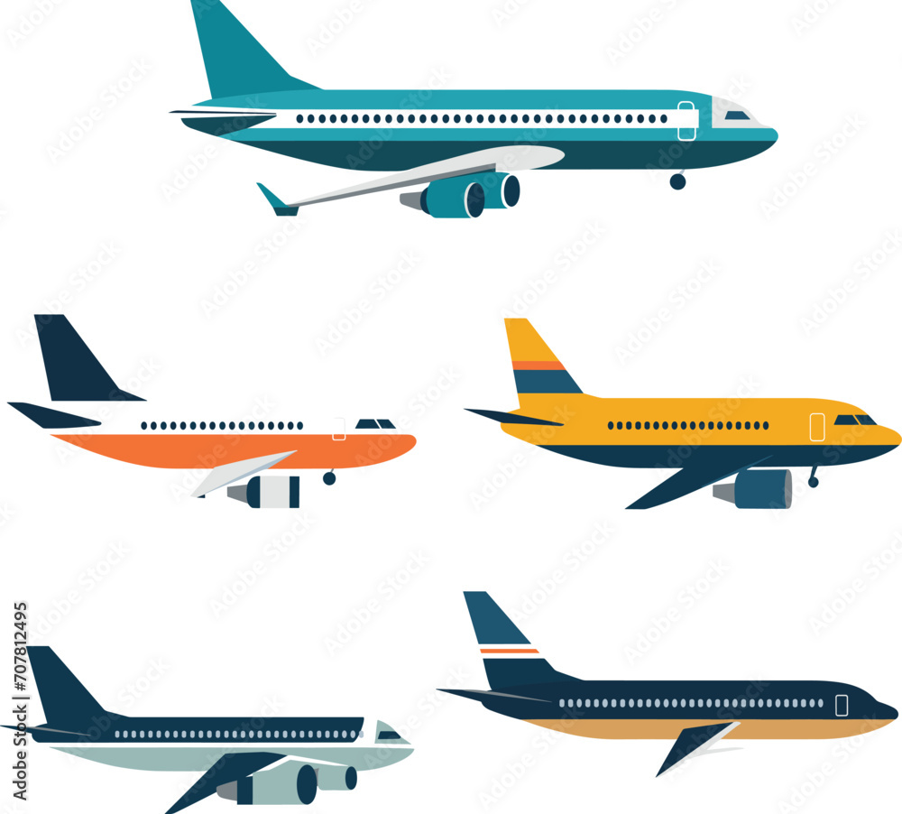 Four commercial airplanes in different colors isolated on white. Modern passenger aircraft, side view, flat design. Travel and aviation, airline transportation vector illustration.