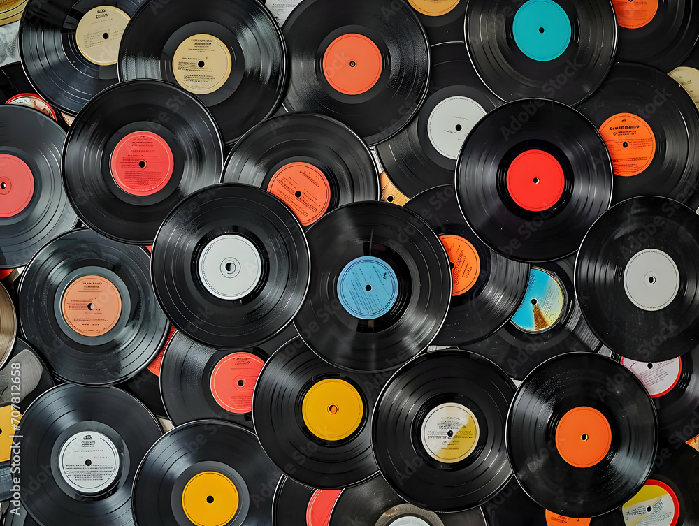 Top view of a pile of many vintage vinyl records background. High quality - obrazy, fototapety, plakaty 