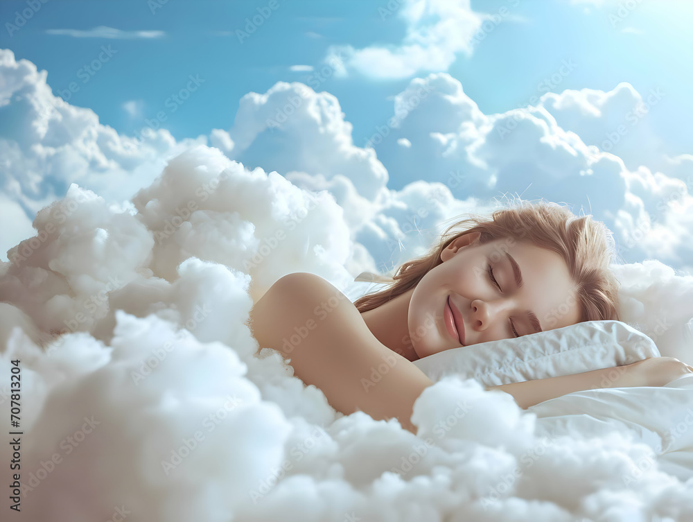 A beautiful young woman with a smile sleeps on a bed of clouds. Concept of good dreams High-resolution A beautiful young woman with a smile sleeps on a bed of clouds. Concept of good dreams High-resolution