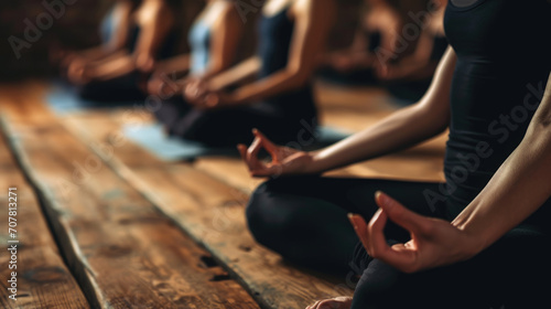 Yoga class in session, with individuals in seated meditation poses on yoga mats photo