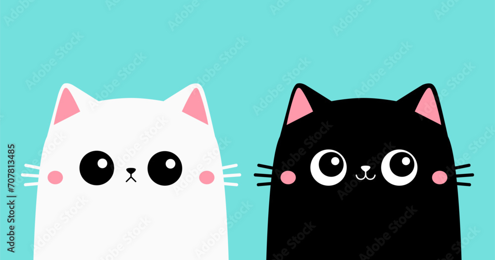 Cute cat set. Sad smiling black white kitten head face. Pink ears, cheeks. Kawaii cartoon funny baby character. Happy Halloween. Notebook sticker print template. Flat design. Blue background