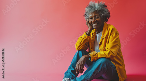 Joyful elderly woman with white hair smiling while using a smartphone  set against a vibrant pink background.