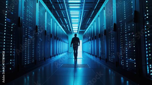 Silhouette of a person standing in the middle of a data center aisle, flanked by server racks with glowing lights