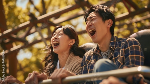 chinese couple in amusement park screaming excited