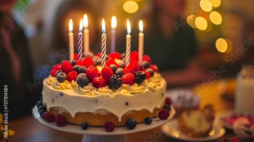 Closeup of a creamy birthday cake with berries and candles on the family kitchen table. people celebrating in the evening in the blurry background. wallpaper for web design or print.