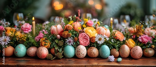 Easter composition card eggs and flowers background
