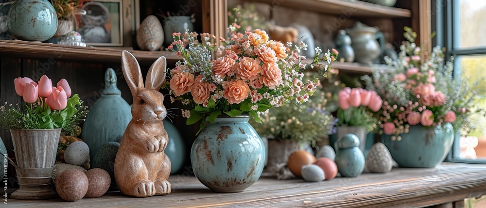Easter party set with flowers, eggs ,rabbit Easter party set with flowers, eggs ,rabbit