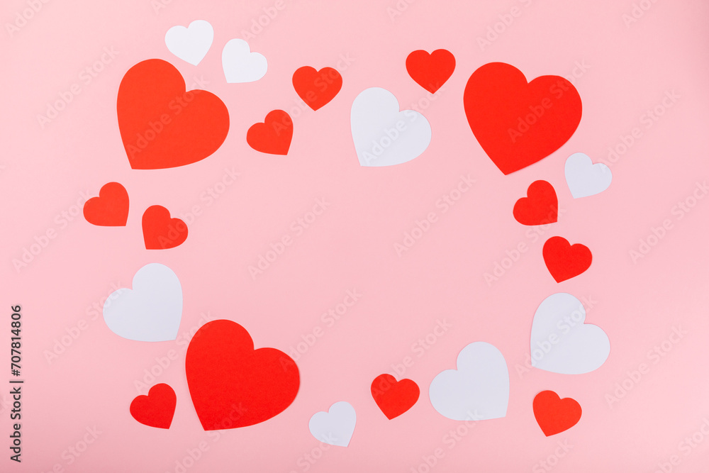 Valentine's Day concept. Valentine's Day background. Gifts, candles, confetti, envelope - postcard on a pink background. Flatley, top view, copy space.Valentine's day celebration