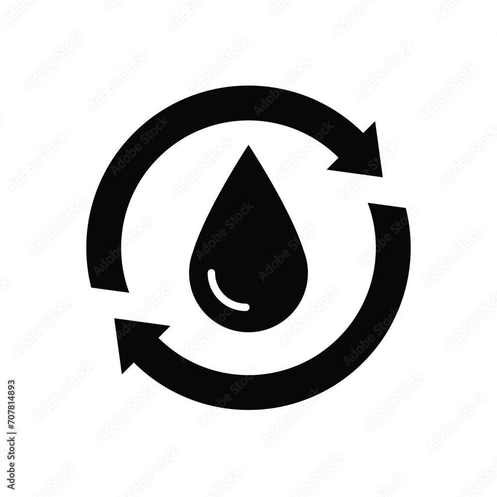 Recycle water icon. Simple solid style. Water drop with circle arrow, droplet, reduce, reuse, bio safe, energy efficient concept. Black silhouette, glyph symbol. Vector illustration isolated. Recycle water icon. Simple solid style. Water drop with circle arrow, droplet, reduce, reuse, bio safe, energy efficient concept. Black silhouette, glyph symbol. Vector illustration isolated.