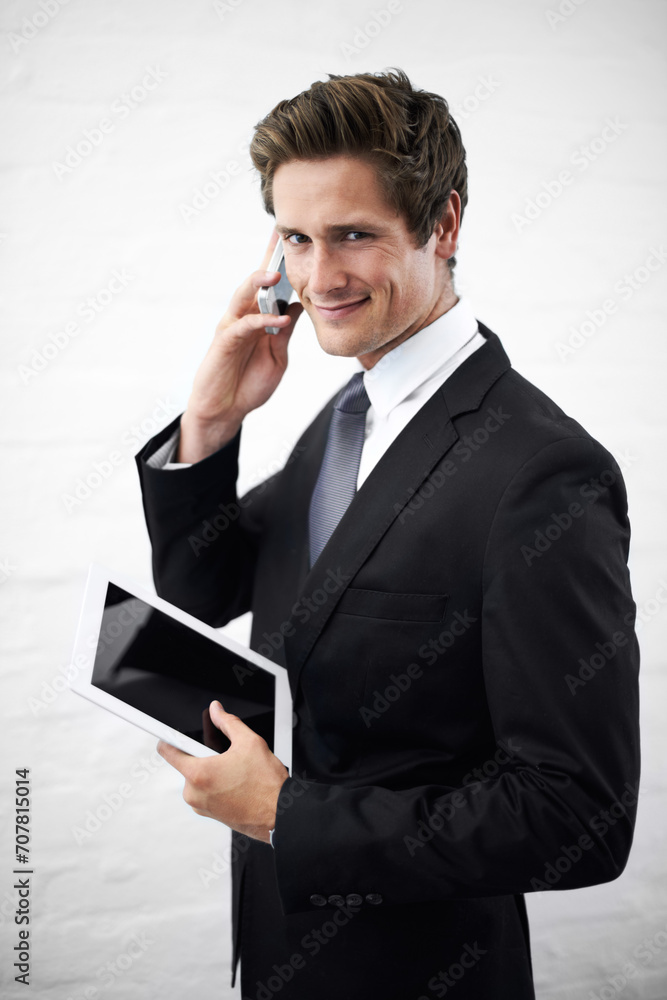 Business man, phone call and happy with tablet, portrait or contact for networking by wall background. Entrepreneur, employee or person with digital touchscreen, smartphone and smile for notification Business man, phone call and happy with tablet, portrait or contact for networking by wall background. Entrepreneur, employee or person with digital touchscreen, smartphone and smile for notification