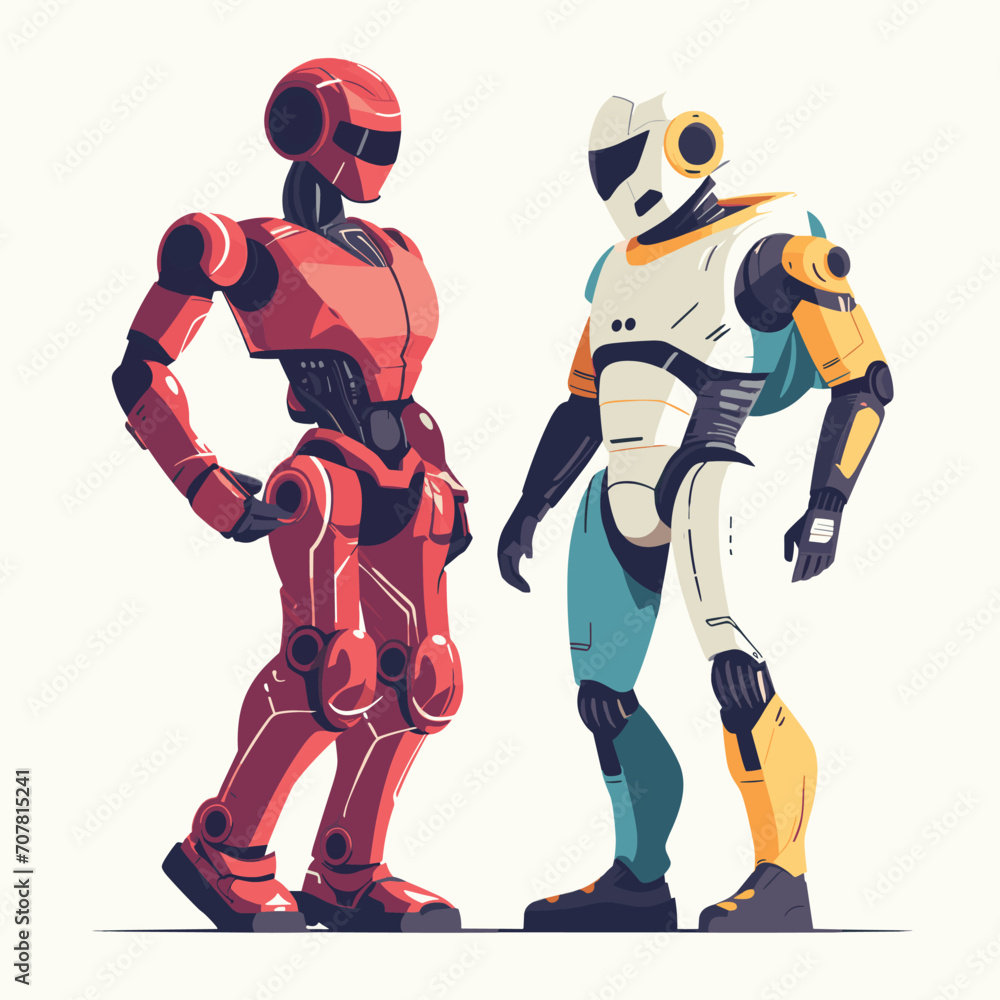 Two futuristic robots in red and yellow colors standing face to face. Modern androids interacting with each other vector illustration.
