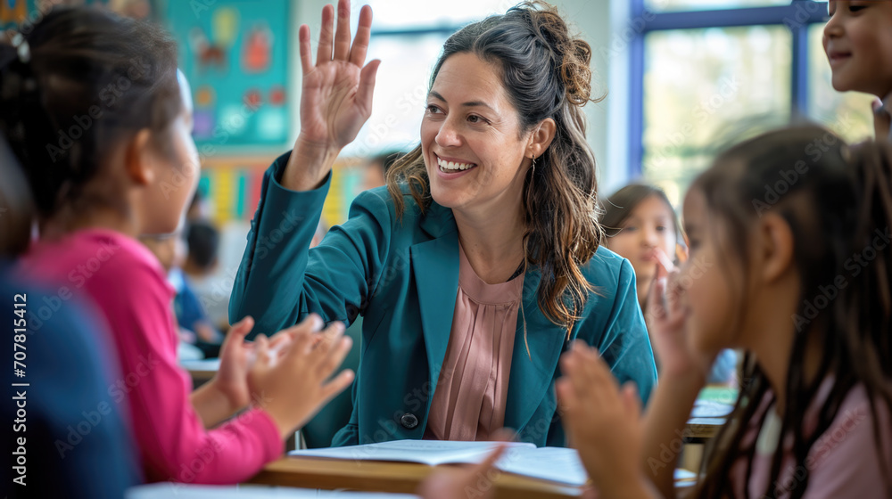 Сheerful teacher engaging with young students in a classroom, raising her hand likely to signal attention Сheerful teacher engaging with young students in a classroom, raising her hand likely to signal attention