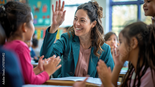 Сheerful teacher engaging with young students in a classroom, raising her hand likely to signal attention