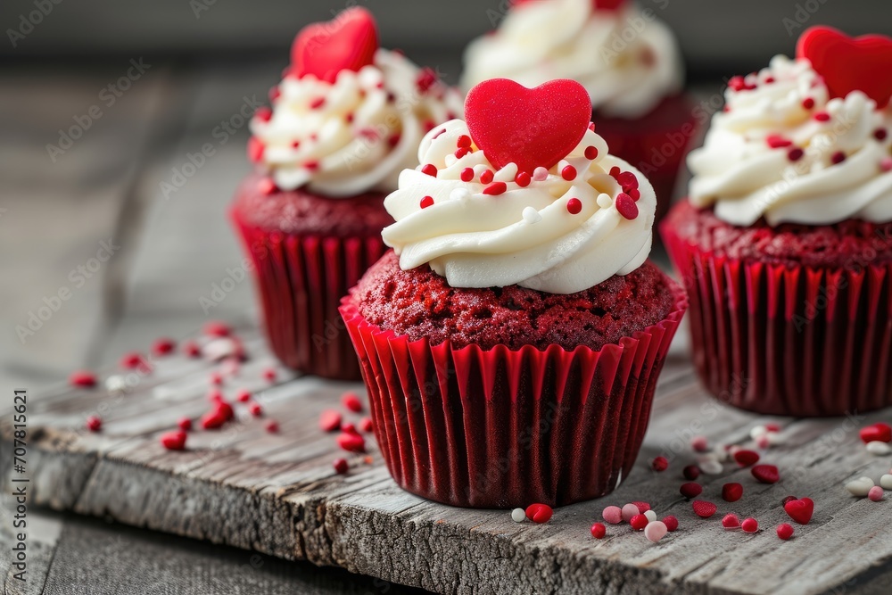 Red velvet cupcakes with heart-shaped sprinkles, sweet treat