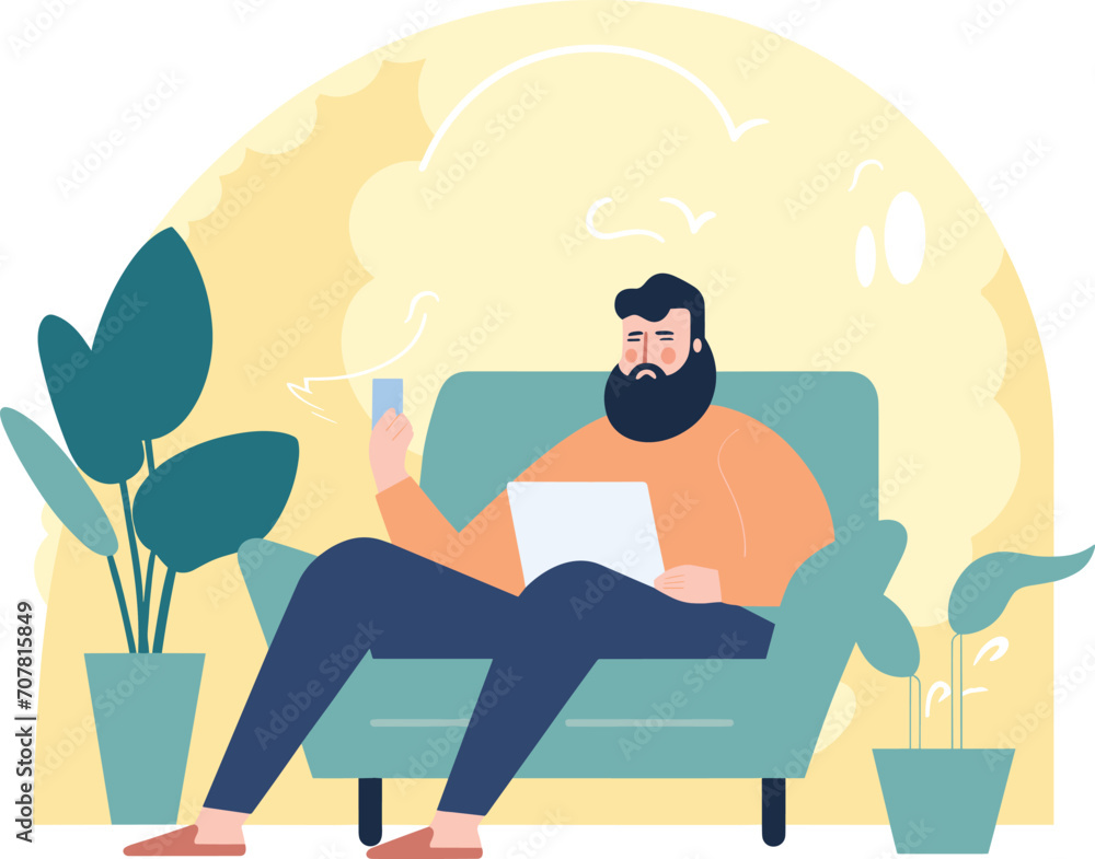 Bearded man sitting on sofa with laptop, relaxing at home, casual indoor setting. Comfortable home office and freelance vector illustration. Bearded man sitting on sofa with laptop, relaxing at home, casual indoor setting. Comfortable home office and freelance vector illustration.