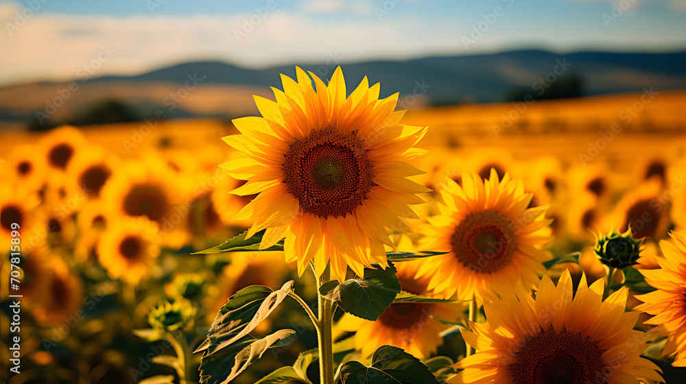 A field of sunflowers, with golden petals as the background, during a sunny Tuscan morning