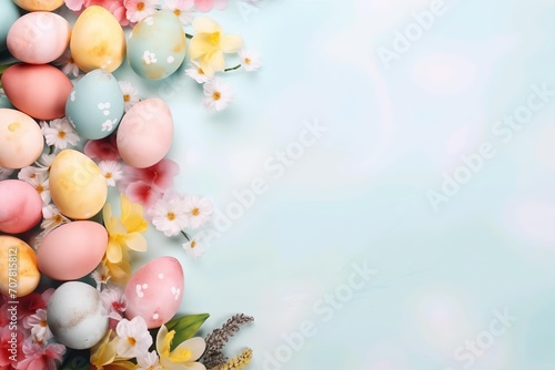 Easter Delight: Painted Eggs Banner on Bright Background. Generative ai	