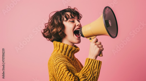 Woman is joyfully shouting into a megaphone against a vibrant colored background.