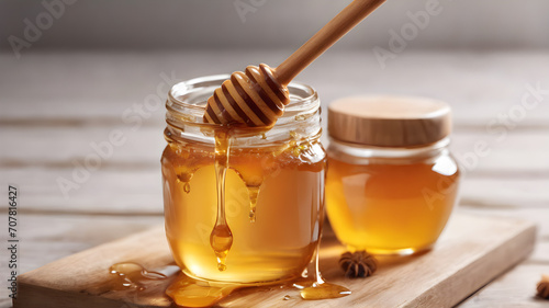 wooden honey dipper with dripping honey, isolated on white background