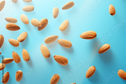 Almond background image for design or product presentation, with a play of light and shadow, in light blue tones