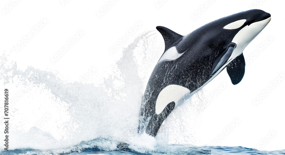Orca whale jumping out of the ocea, water splashing around, isolated on a transparent background - obrazy, fototapety, plakaty 