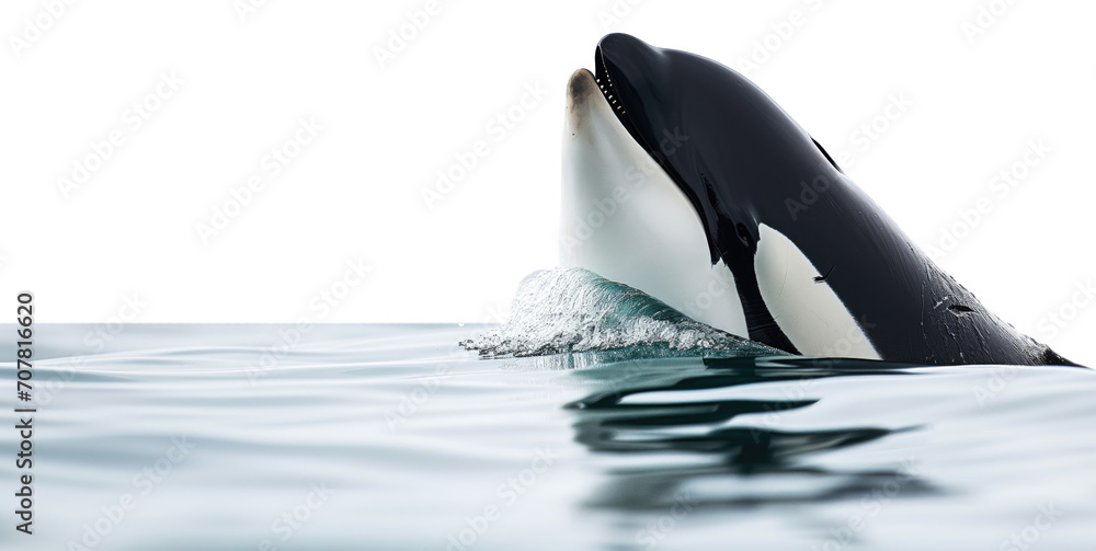 An orca whale head looking out of the water surface of the sea isolated on a white background - obrazy, fototapety, plakaty 
