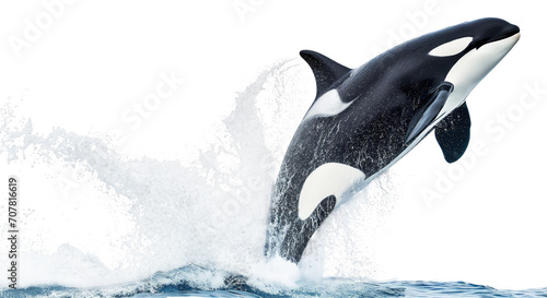 Orca whale jumping out of the ocea, water splashing around, isolated on a transparent background